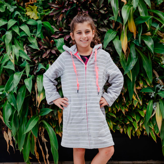 Swim Hoodie Grey with Pink Trim