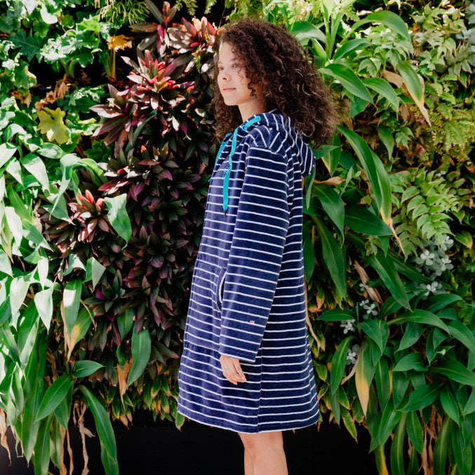 Navy Hooded Towels for Adults with Blue Trims from side - Swoodi