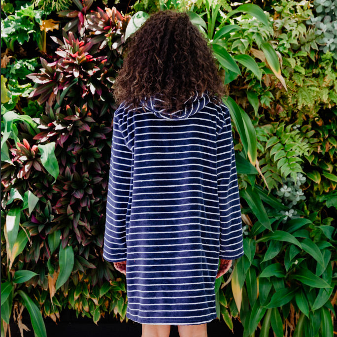 Navy Hooded Towels for Adults with Blue Trims from back - Swoodi