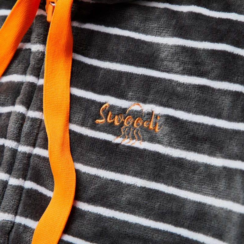 Gray and white striped hoodie with orange drawstrings and Swoodi logo.