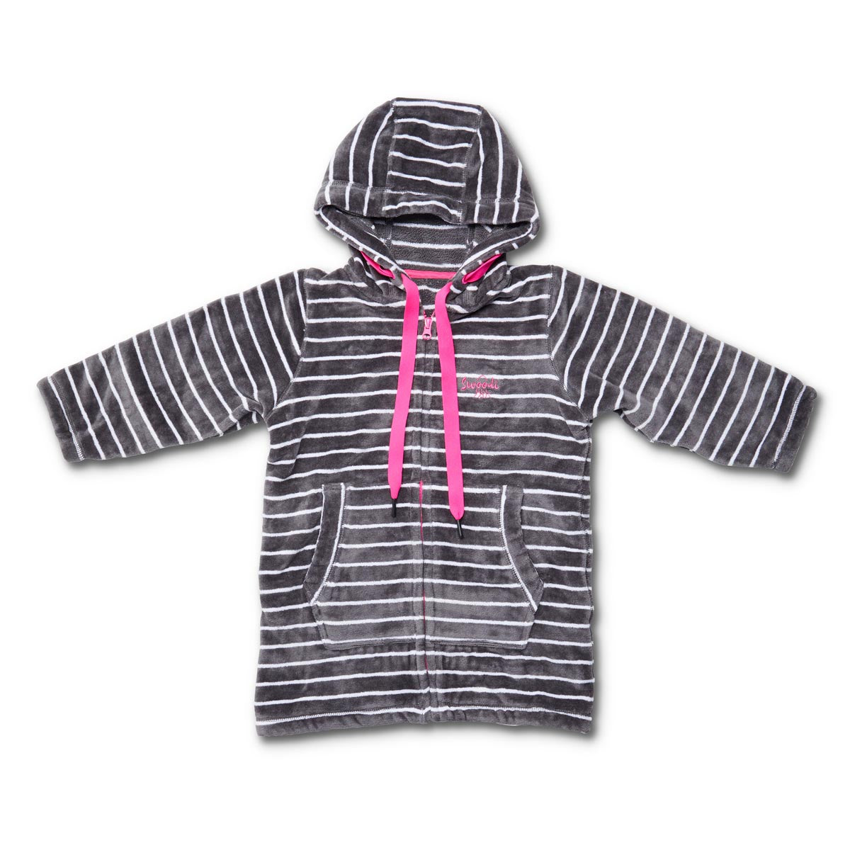 Flat lay of zip up hooded towel in charcoal and white stripe fabric with pink trim