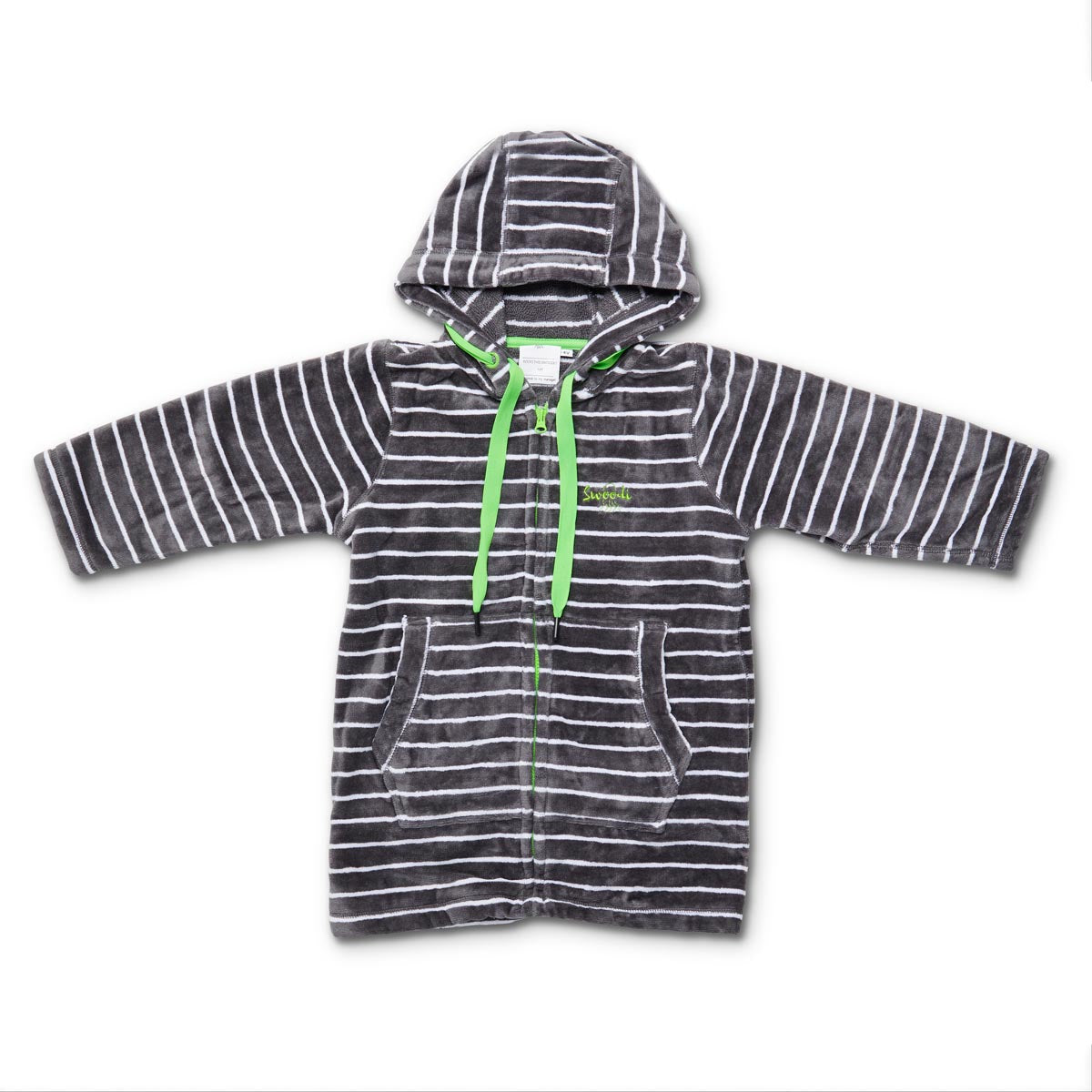 Charcoal and white stripe hooded towel with green trims