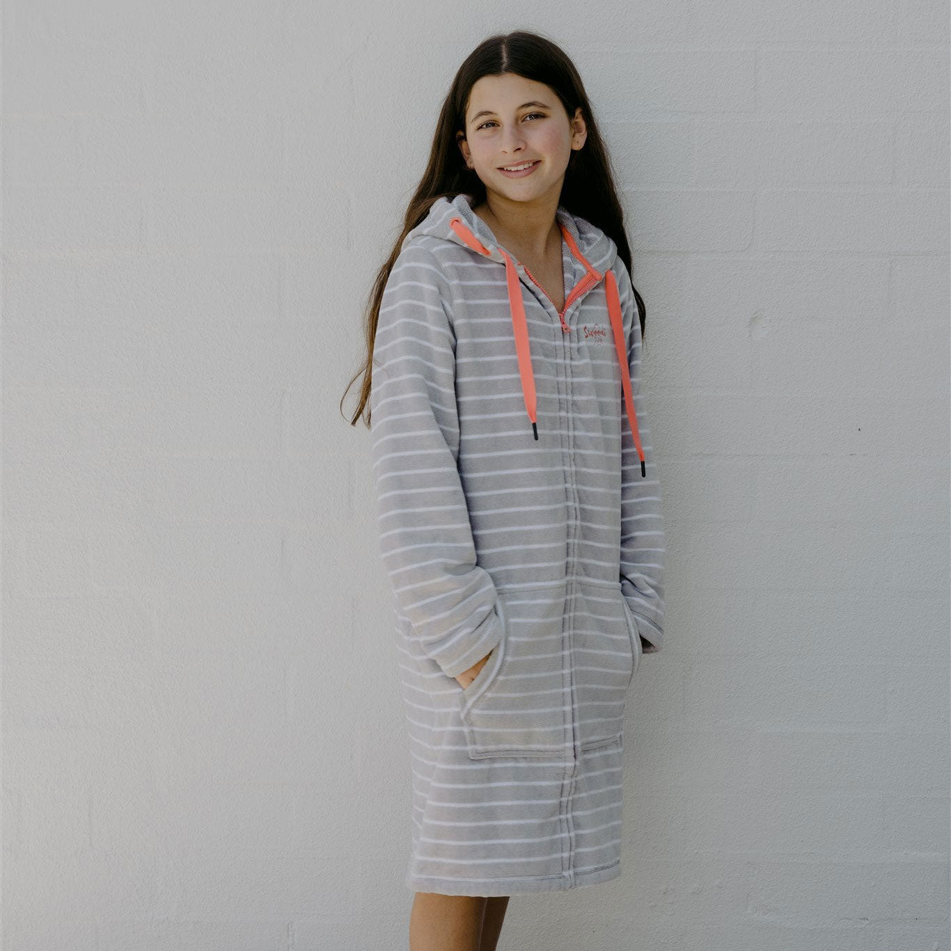 Swim Hoodie Grey with Coral Trim