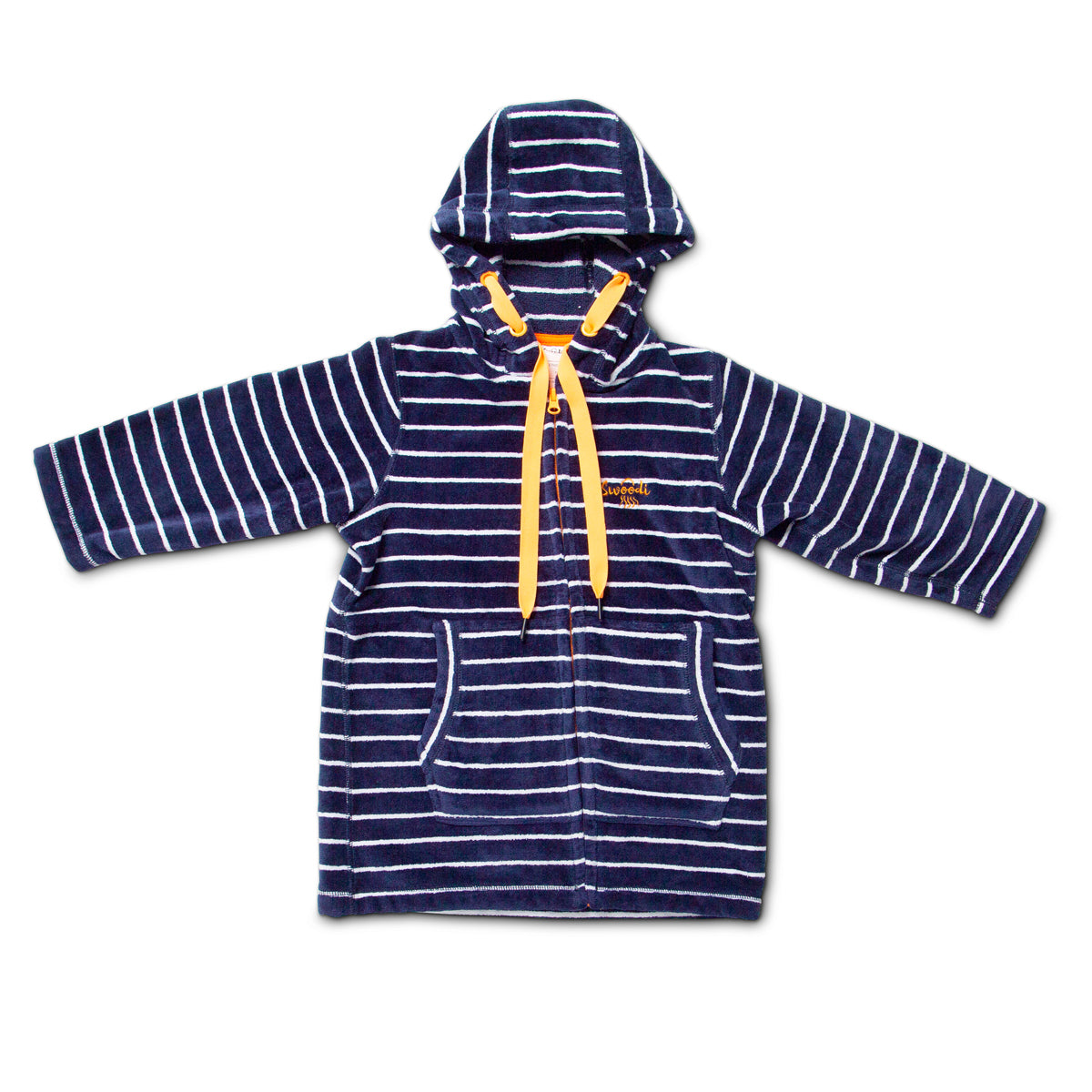 Flat lay of navy and citrus zip up beach robe