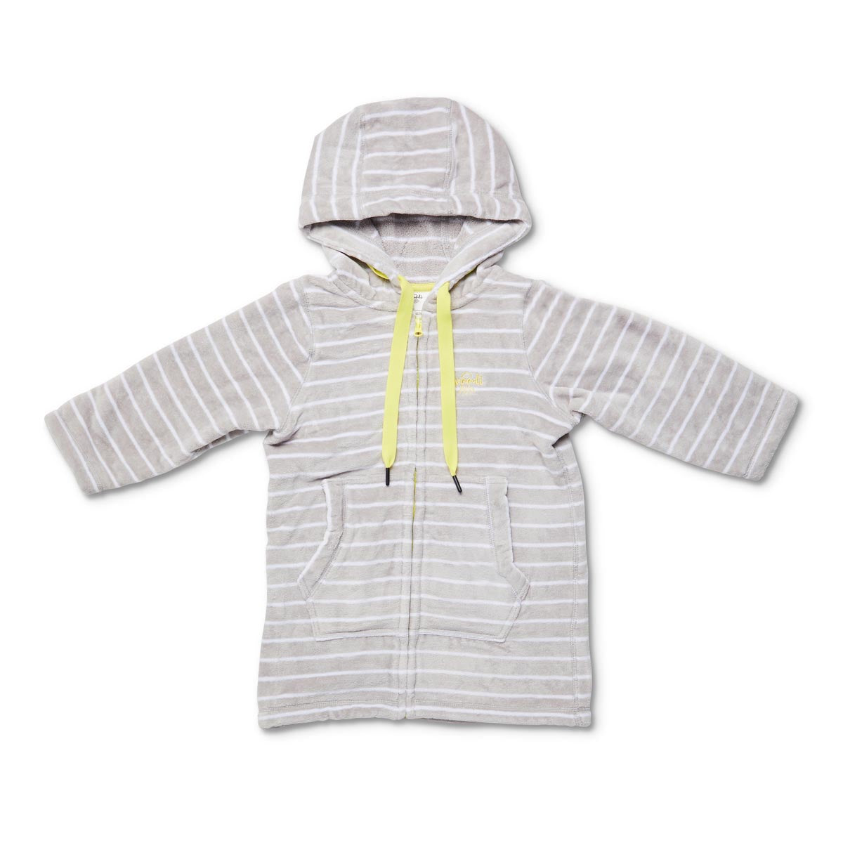 Flay lay of zip up beach robe for toddlers in grey and lemon