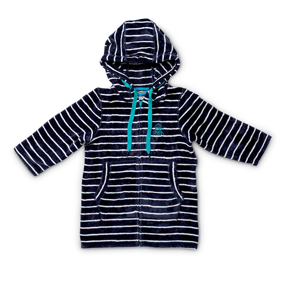 Flay lay of navy with blue boys zip up hooded towel