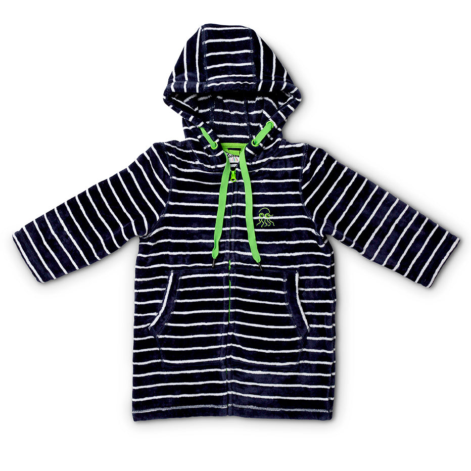Flat lay of baby and toddler navy with green swimming robe