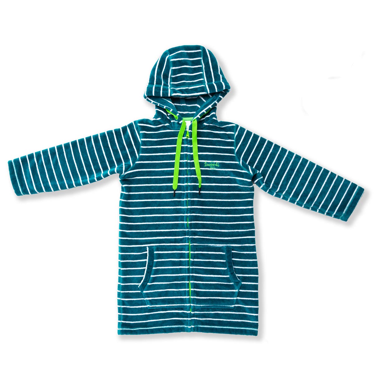 Flat lay of adults turquoise swim hoodie with green trims
