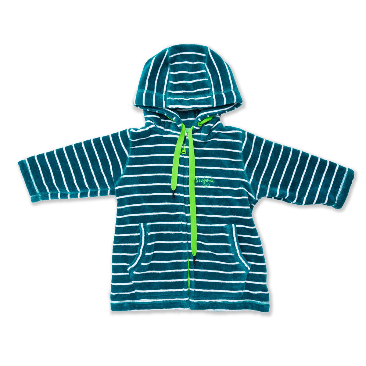 Flay lay of turquoise swim robe with green strings