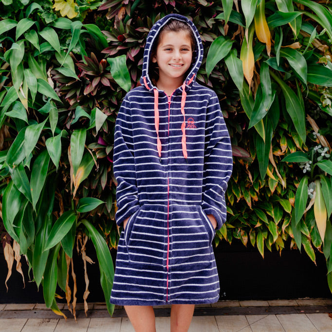 Swim Hoodie Navy with Pink Trim