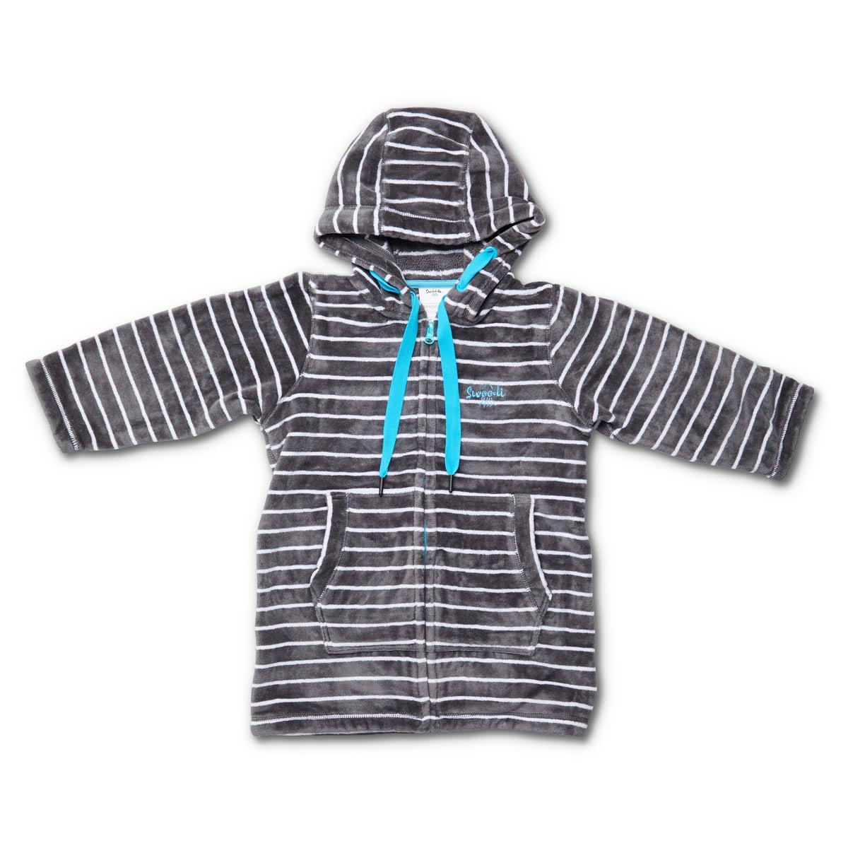 Striped hoodie with a blue drawstring on a white background