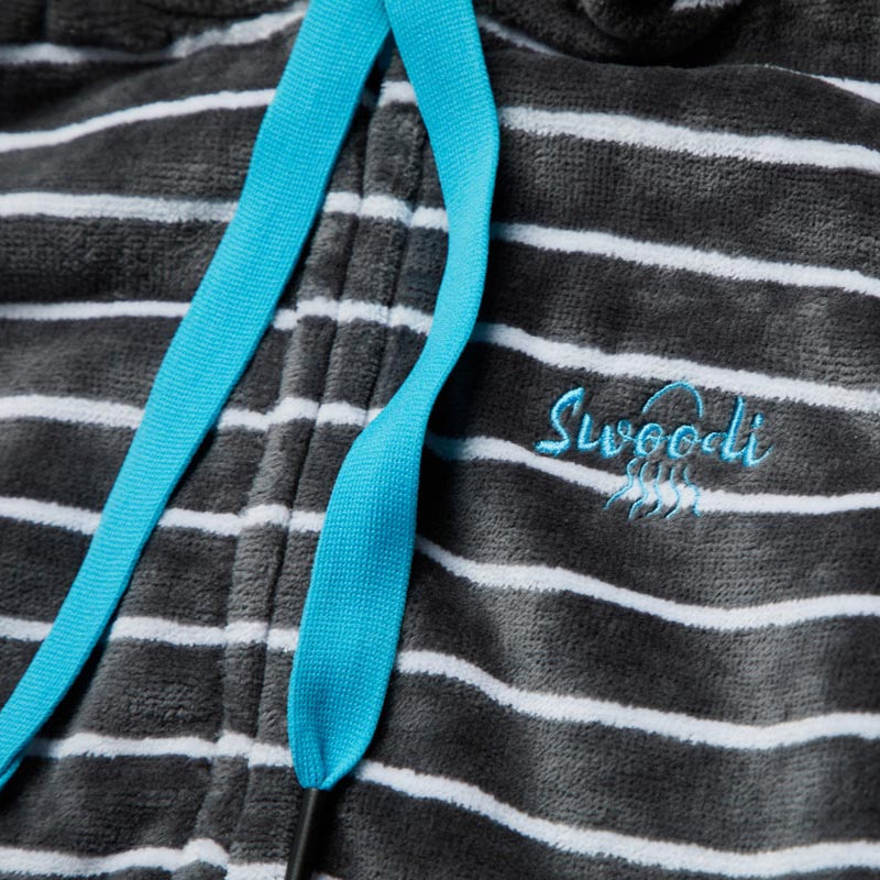 Close up of charcoal with blue swim hoodie