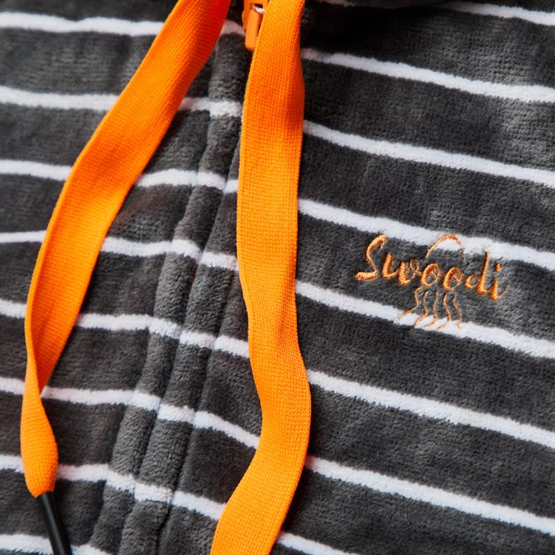 Gray and white striped hoodie with orange drawstrings and Swoodi branding.