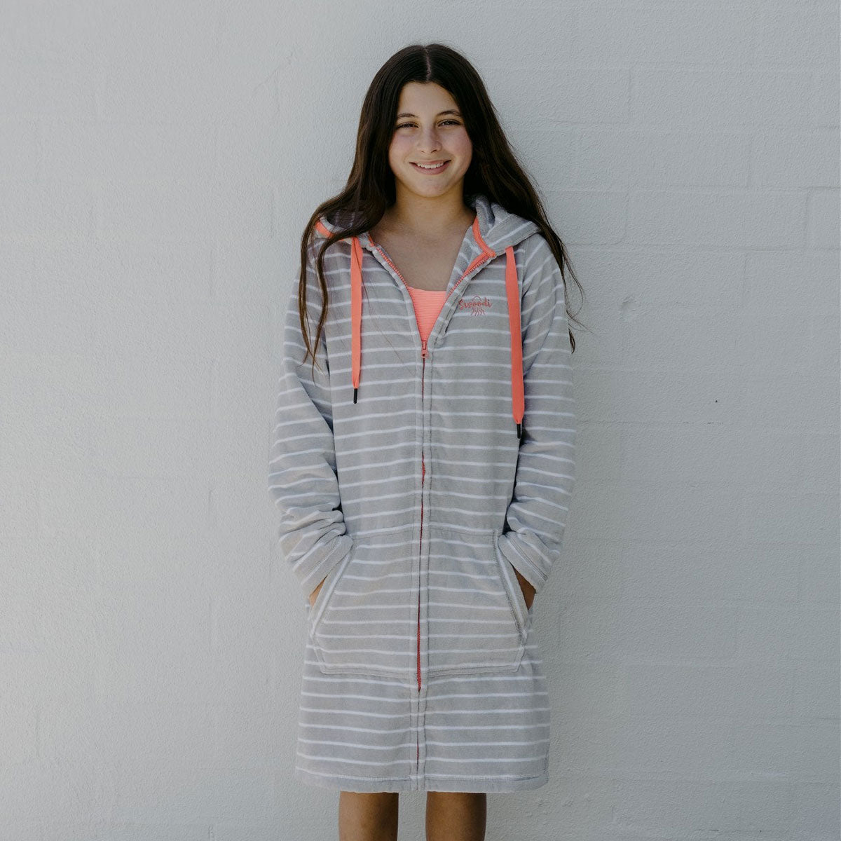 Swim Hoodie Grey with Coral Trim