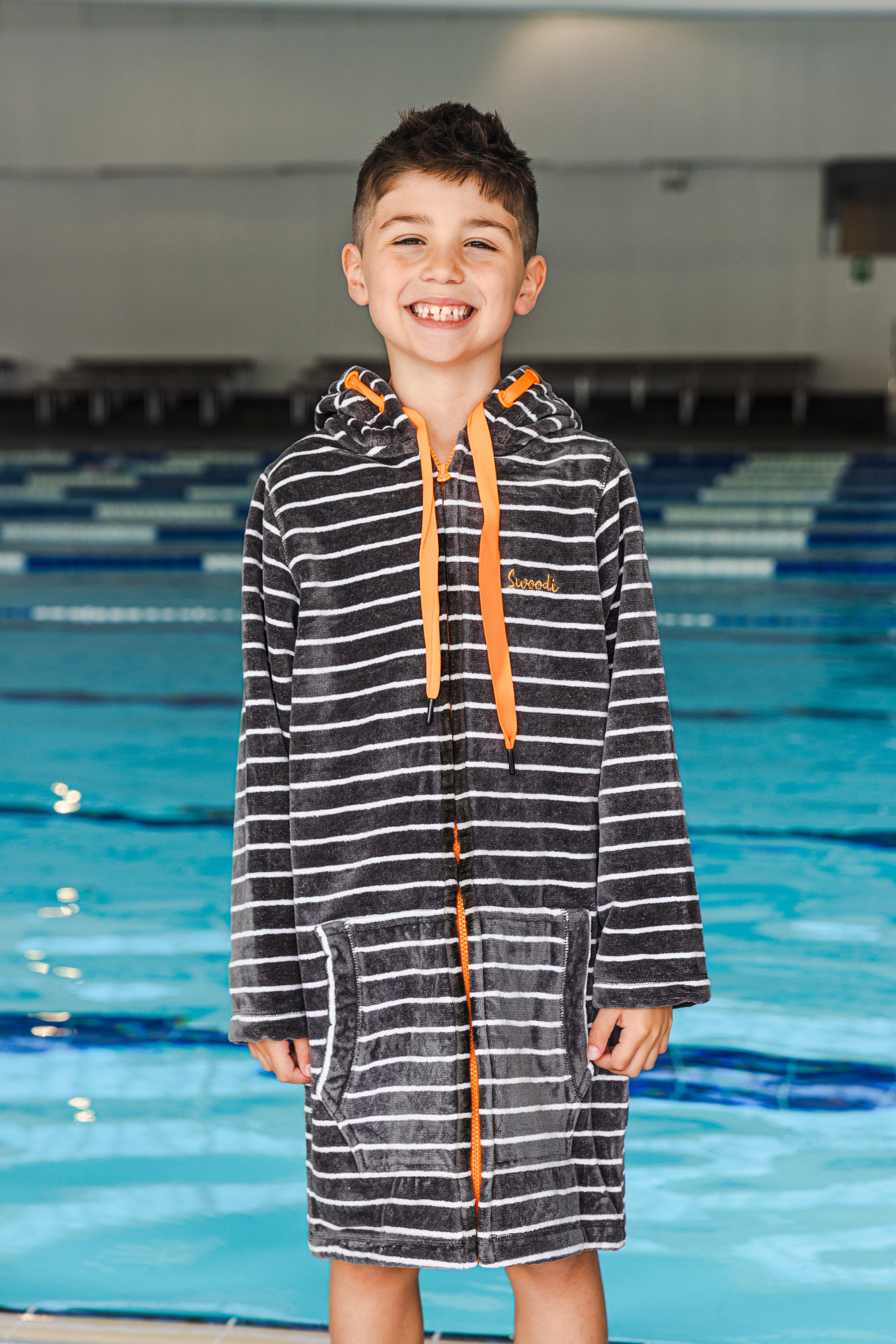 Swim Hoodie Charcoal with Orange Trim