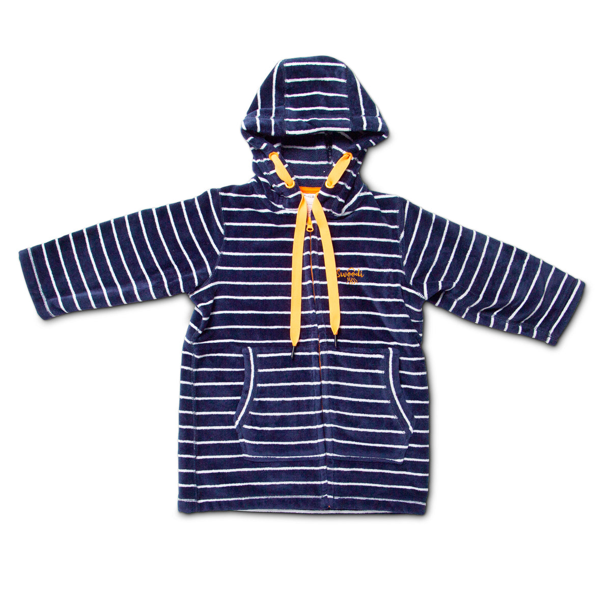 Flat lay of navy and citrus zip up beach robe 