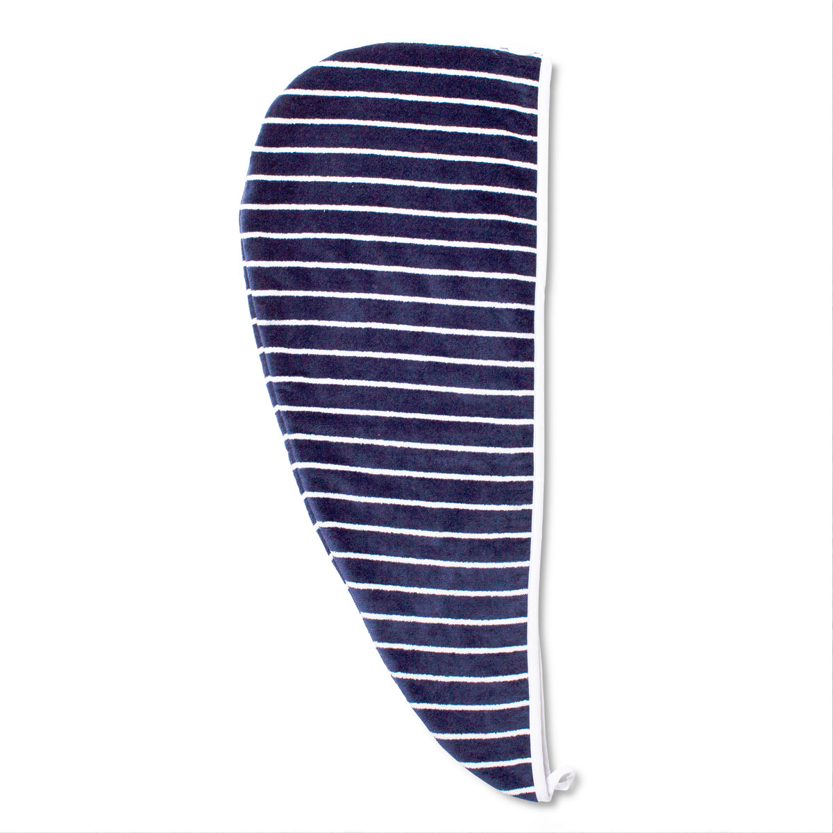 Flat lay of toweling hair wrap in navy and white stripe