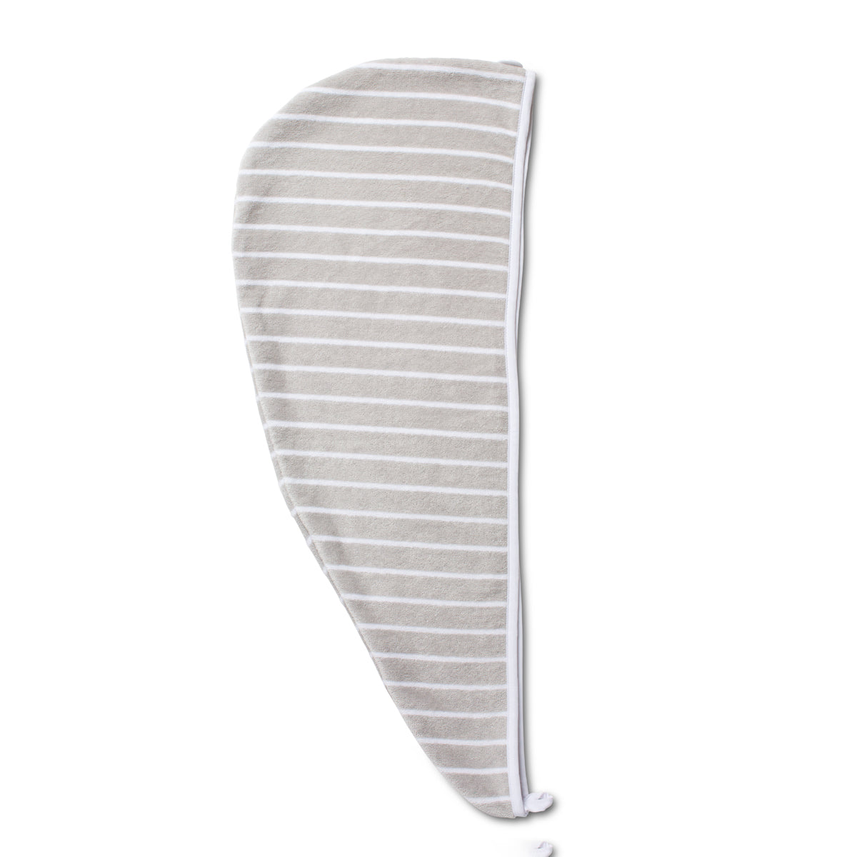 Flat lay of Swoodi hair towel in grey and white stripe