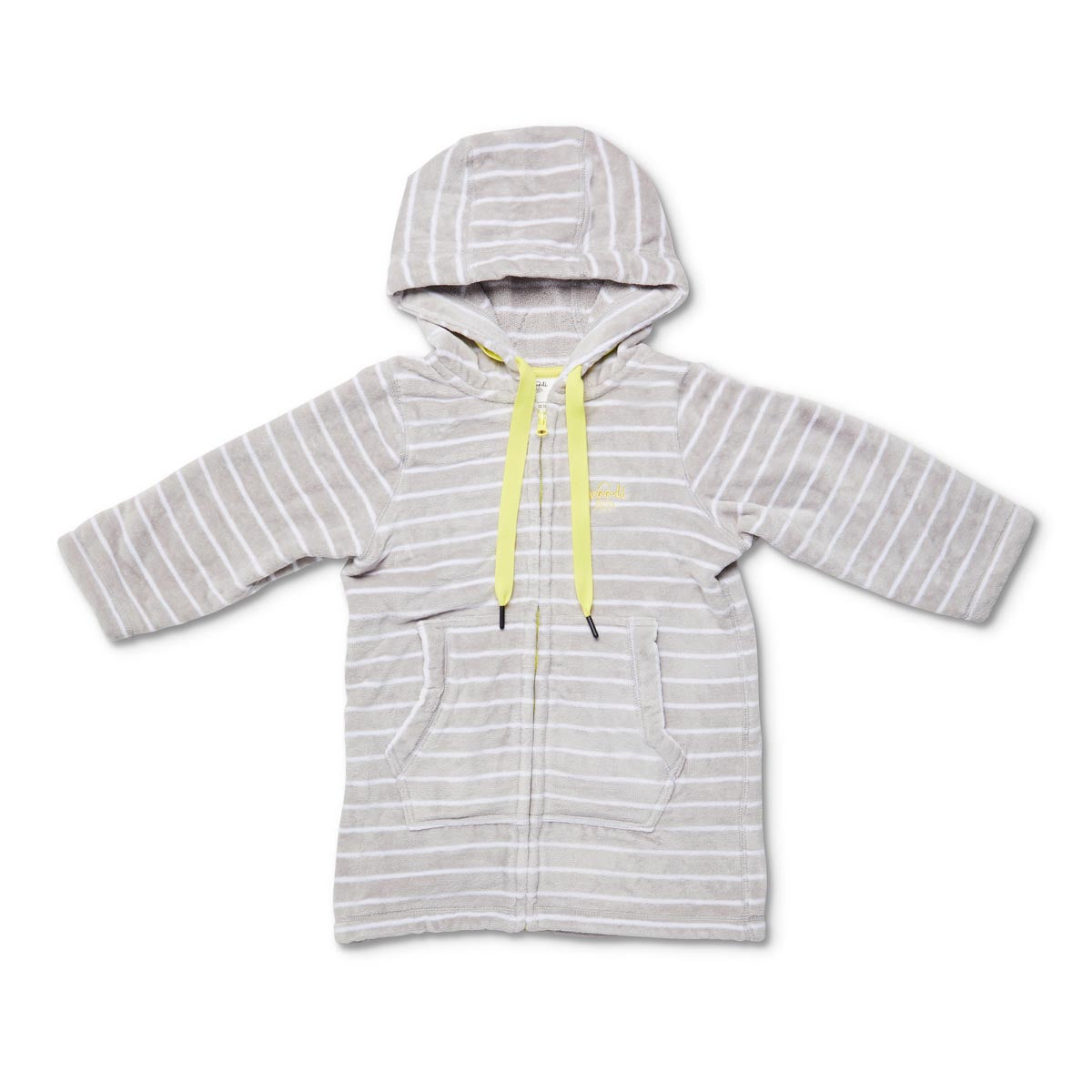 Flay lay of zip up beach robe for toddlers in grey and lemon 