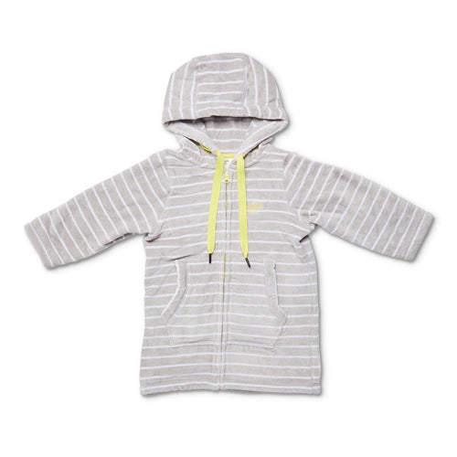 Flat lay of adults beach robe in grey with lemon zip 