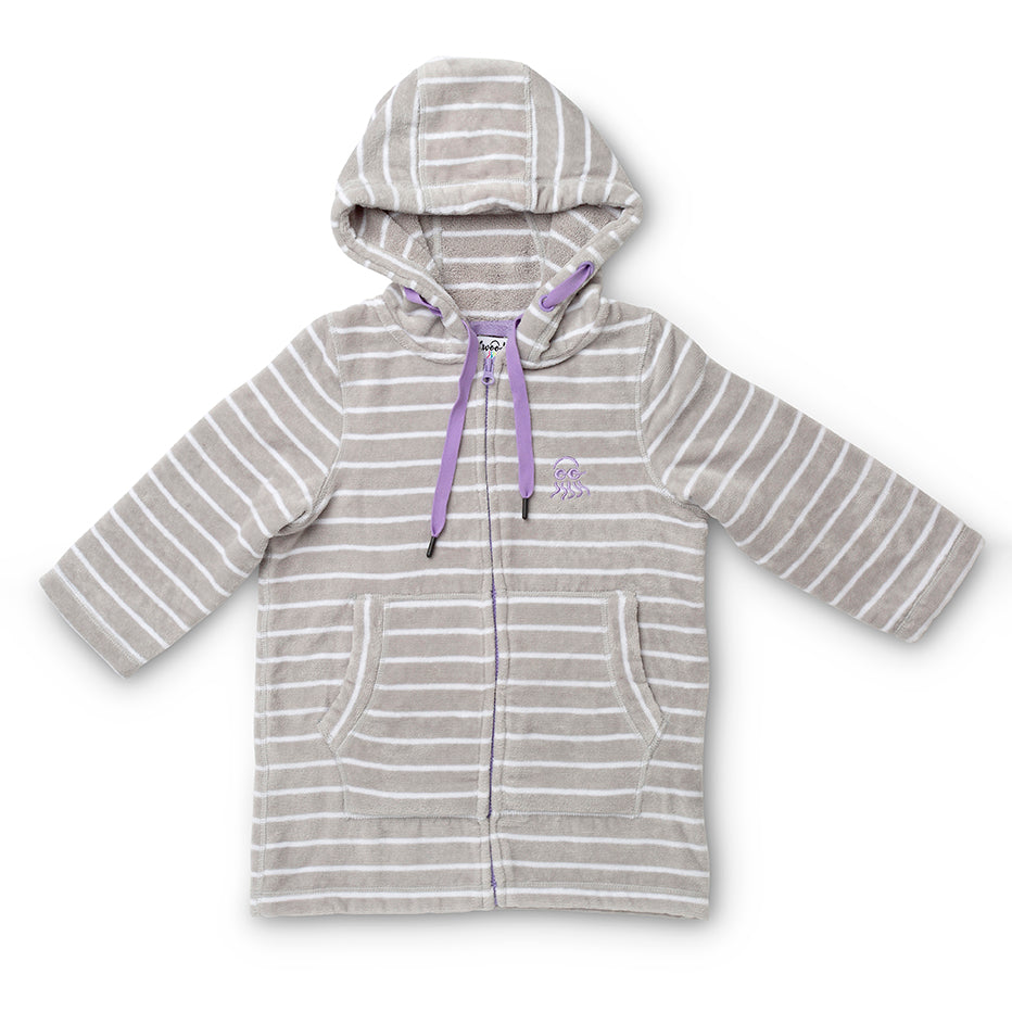 Flay lay of grey with purple adults swim hoody 