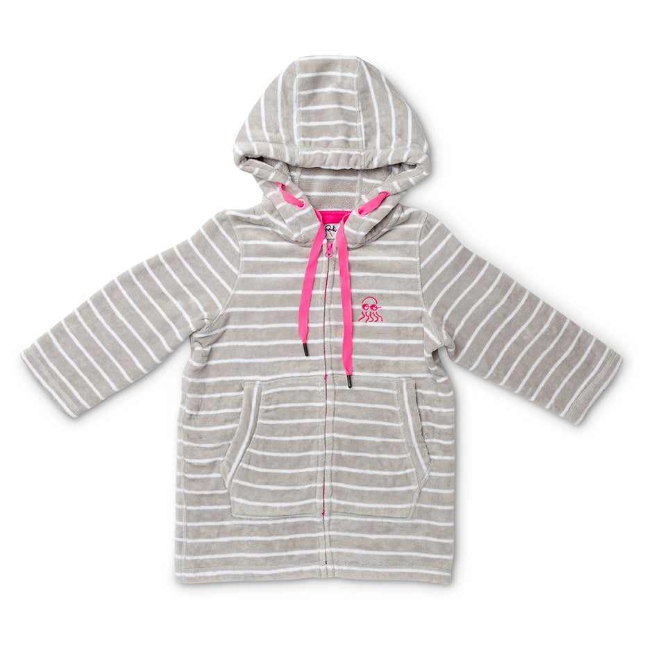 Flay lay of baby zip up towel grey with pink 