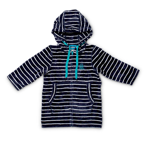 Flay lay of navy with blue boys zip up hooded towel 