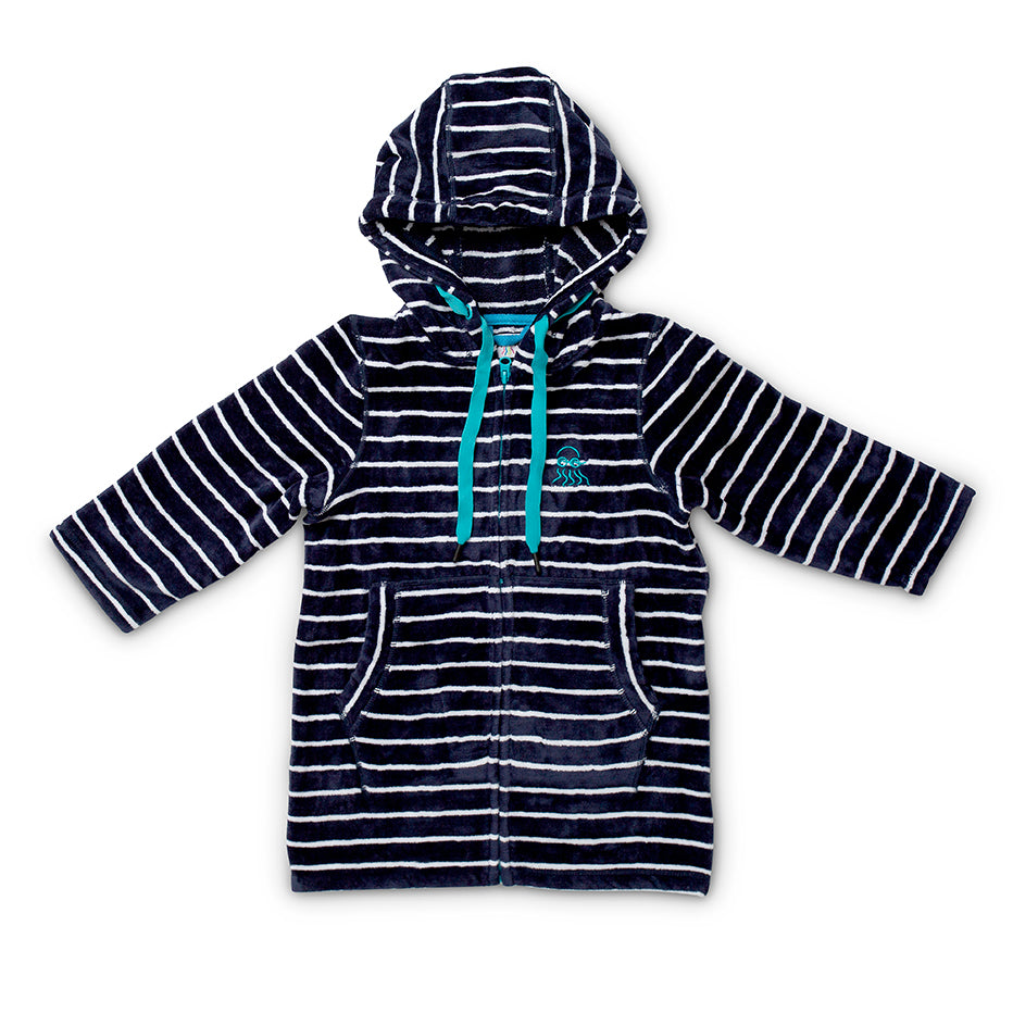 Flay lay of baby and toddler navy hooded swim towel 