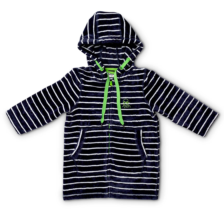 Flat lay of baby and toddler navy with green swimming robe 