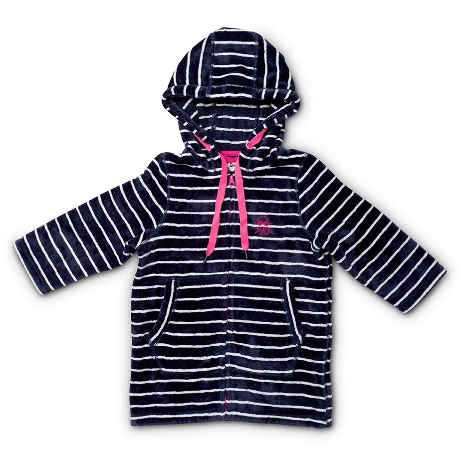 Flat lay of baby and toddler hooded swim towel navy with pink trims 