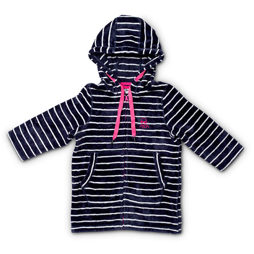 Flat lay of baby and toddler hooded swim towel navy with pink trims 
