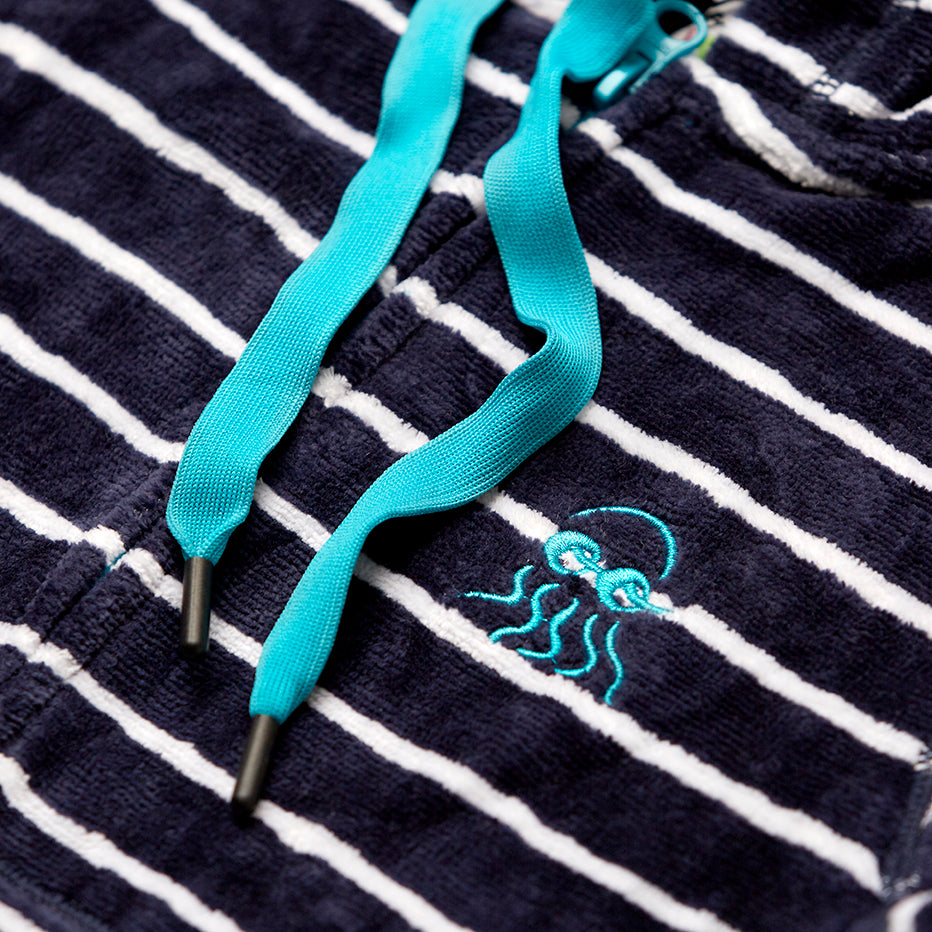 Close up of navy with blue children's swim hoody 