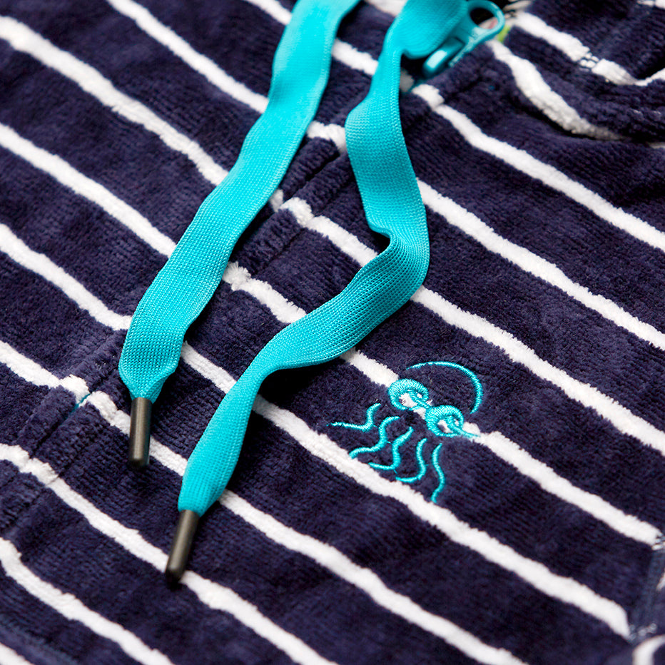 Close up of navy with blue trims adults beach robe 