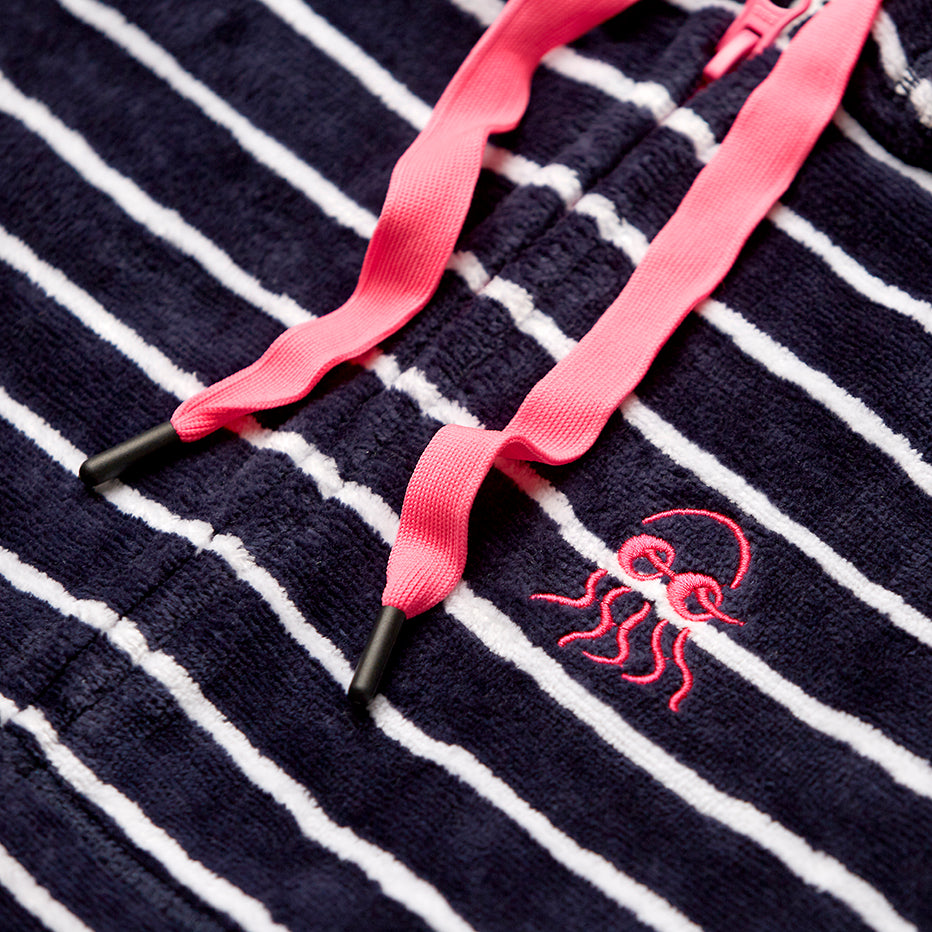 Close up of baby and toddler swim robe navy with pink 