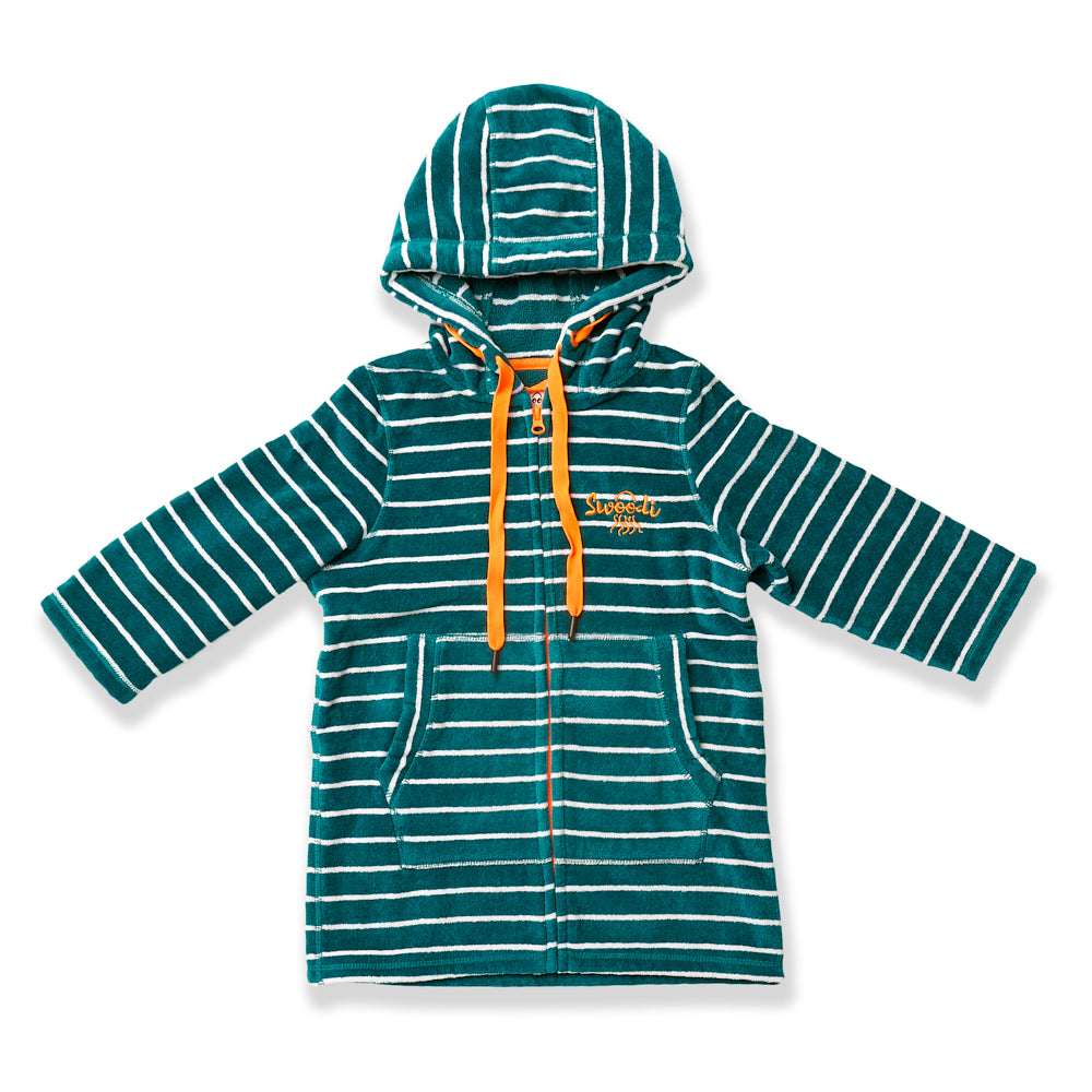 Flay lay of turquoise swim hoodie with citrus strings