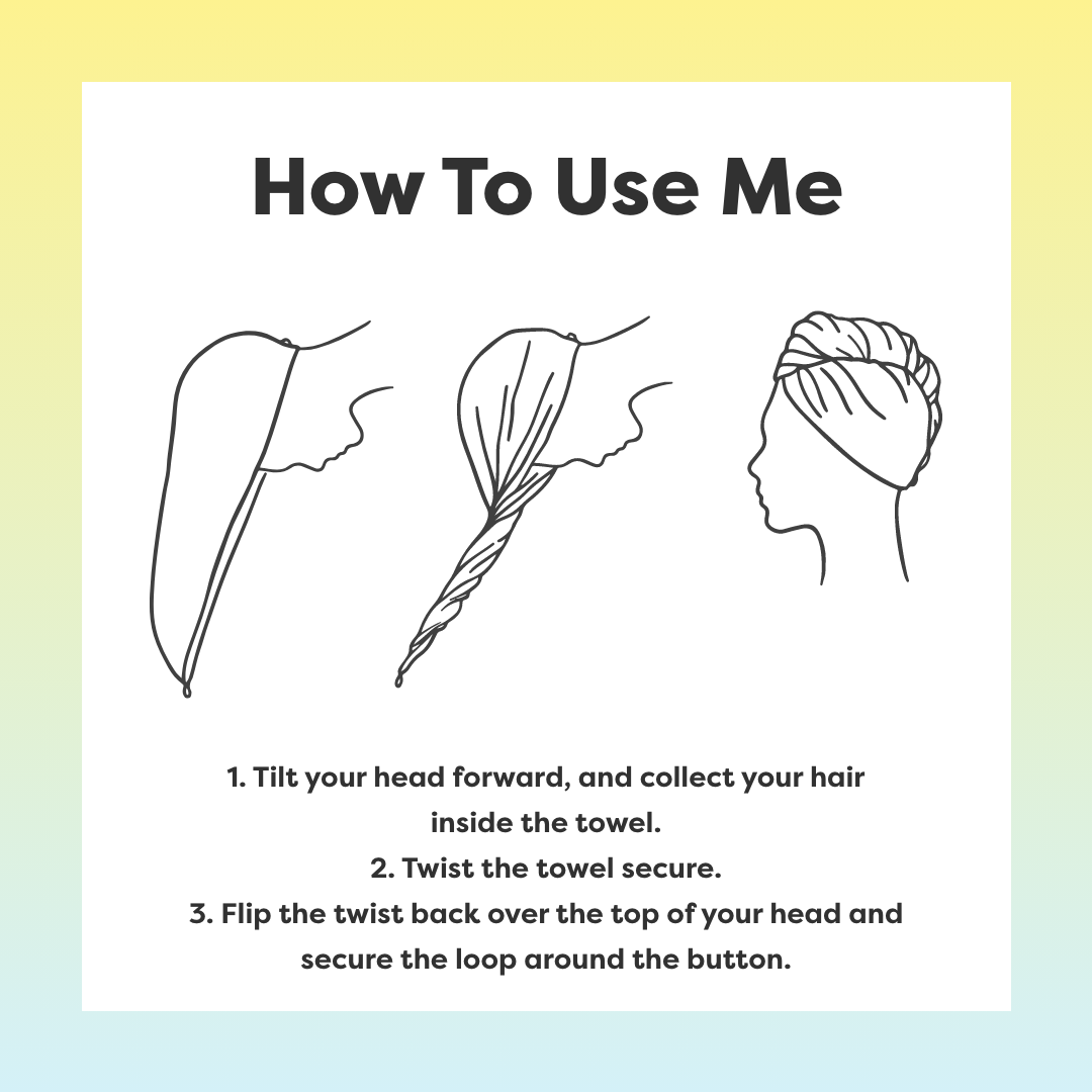 Graphic and text instructions on how to use your Swoodi hair wrap, securing it at the back of the head
